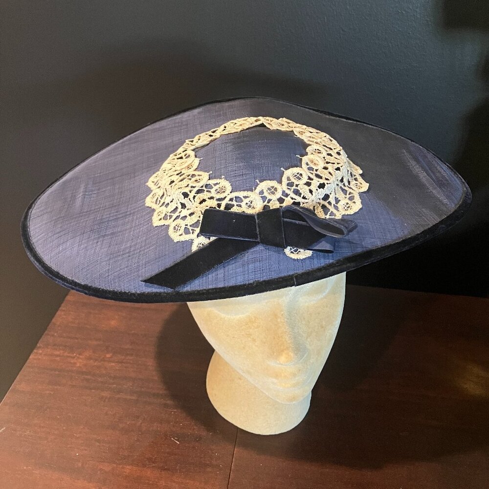 Vintage Navy Blue Handmade Asymmetric Fascinator Hat with Lace & Velvet Accents